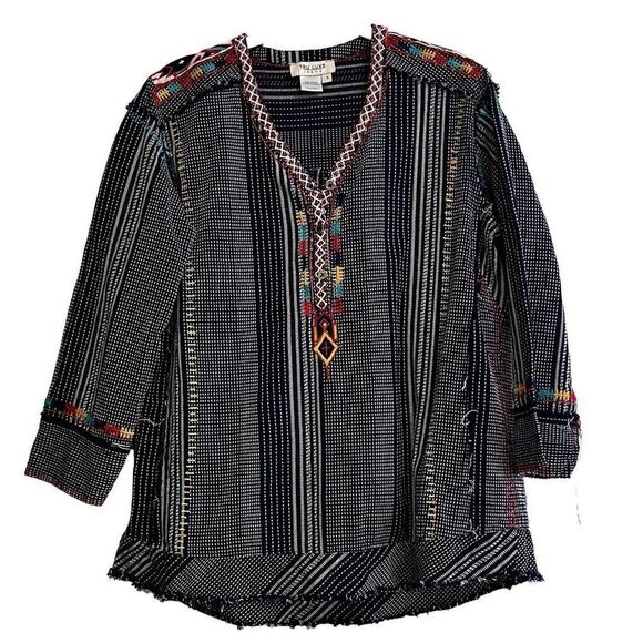Tru Luxe Embroidered V-Neck Stripe Rough Cut Multicolored Top Small - Picture 1 of 9